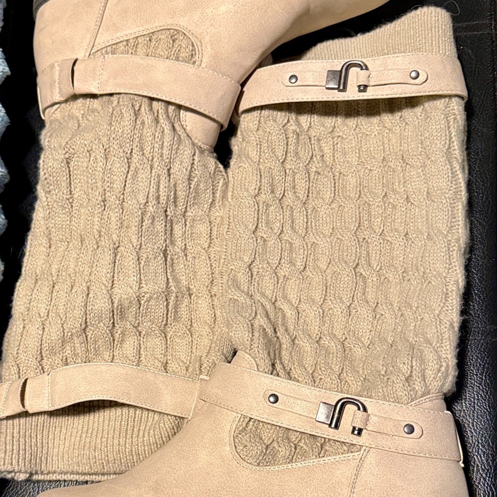 JustFab Tan Knit Buckle Boots
